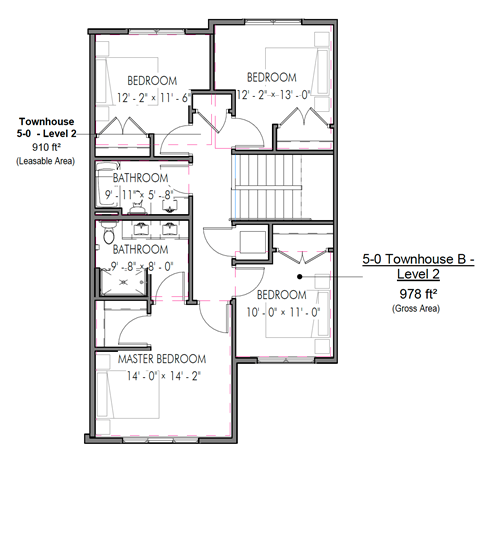 A floor plan of a 5-0 Townhouse B - Level 2 with dimensions and room descriptions.